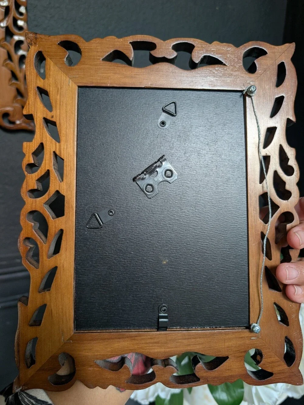 Vintage, Set of 2,  Dark Walnut Ornate Carved Wood Frames w/ moody Prints